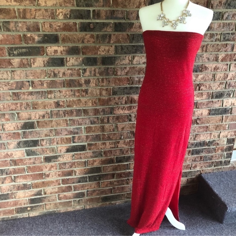 vintage ruby red sparkle strapless slinky long body fitted fancy formal dress